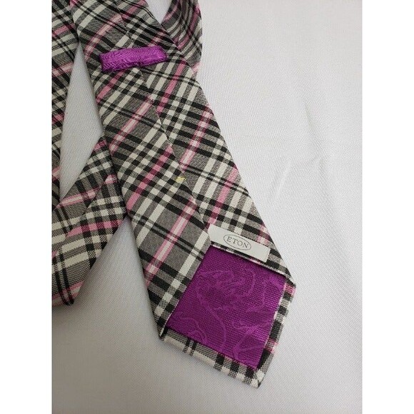Mens Eton Black and Pink Silk Plaid Neck Tie Necktie Made in England - Picture 5 of 9